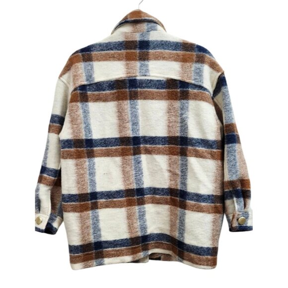 Zara Plaid Wool Blend Jacket With Gold Buttons In Cream Brown And Blue Size S - Picture 4 of 11